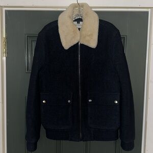 TOPMAN - Dark Navy Jacket with Cream Furry Collar